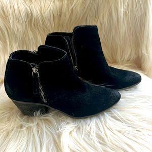 Frye western black suede distressed booties, 2”block heel, non slip bottoms.